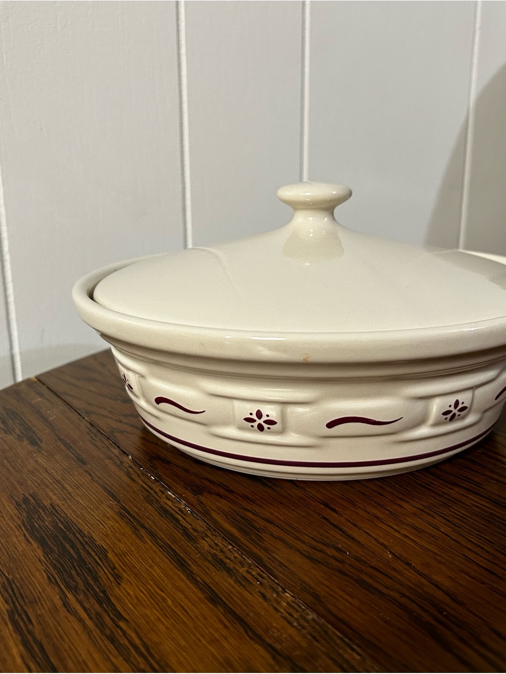 Vintage Longaberger Cream Ceramic Covered Casserole with Burgundy Trim